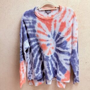 Belle by Bellini 1X Women Plus Tie Dye Coral Blue White Crew Neck Ribbed Sweater
